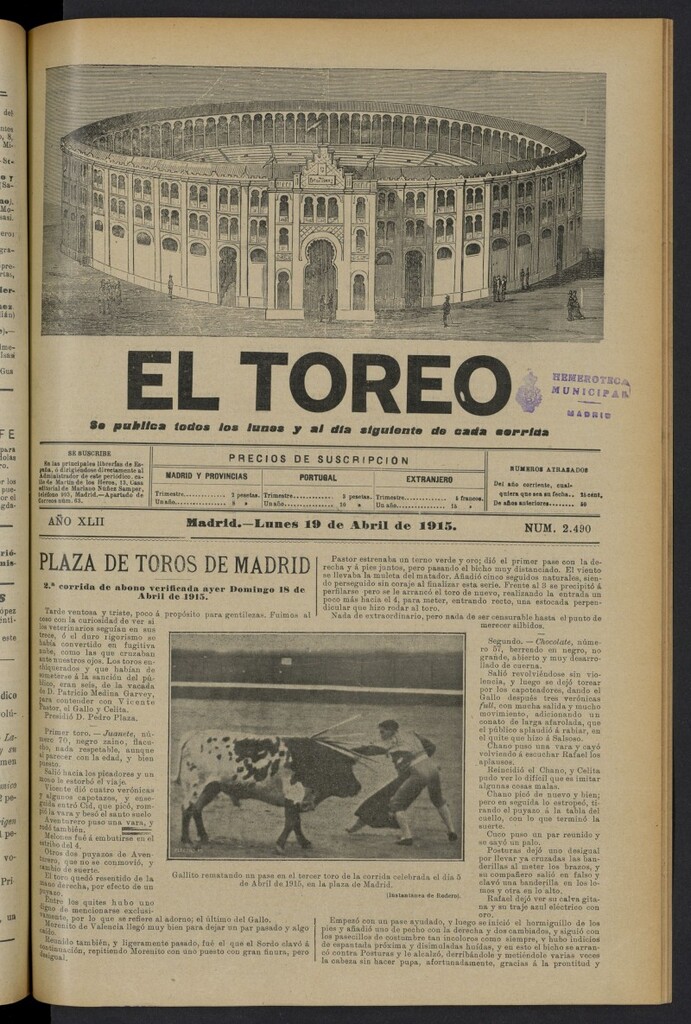 Miniatura de El Toreo: suplemento a "La Correspondencia Teatral" del 19 de abril de 1915, nº 2490
