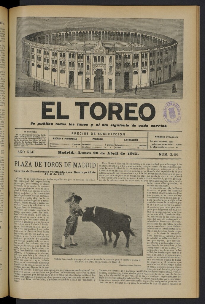 Miniatura de El Toreo: suplemento a "La Correspondencia Teatral" del 26 de abril de 1915, nº 2491