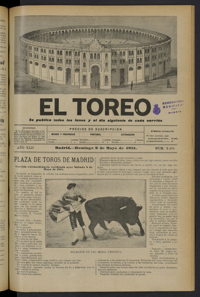 Miniatura de El Toreo: suplemento a "La Correspondencia Teatral" del 9 de mayo de 1915, nº 2494
