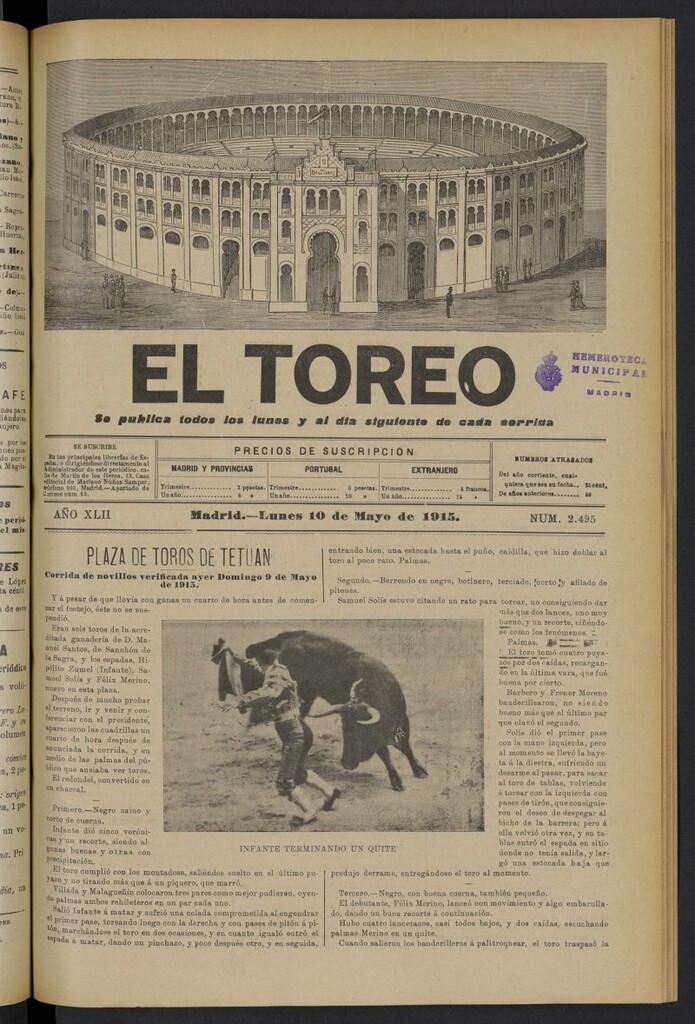 Miniatura de El Toreo: suplemento a "La Correspondencia Teatral" del 10 de mayo de 1915, nº 2495