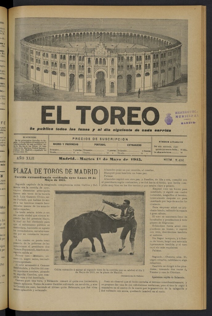Miniatura de El Toreo: suplemento a "La Correspondencia Teatral" del 11 de mayo de 1915, nº 2496