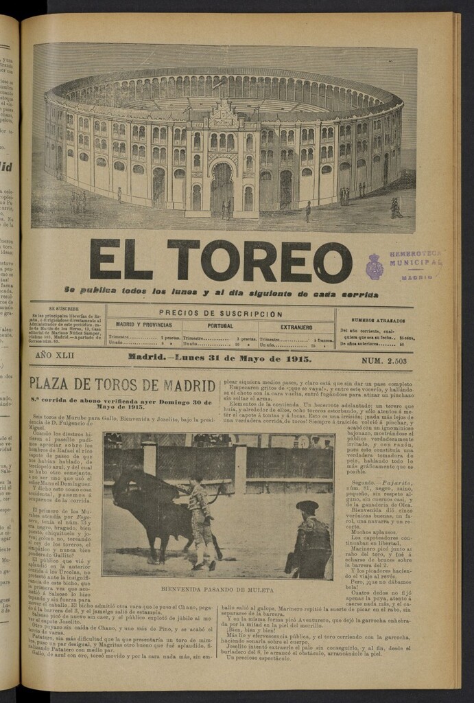 Miniatura de El Toreo: suplemento a "La Correspondencia Teatral" del 31 de mayo de 1915, nº 2503