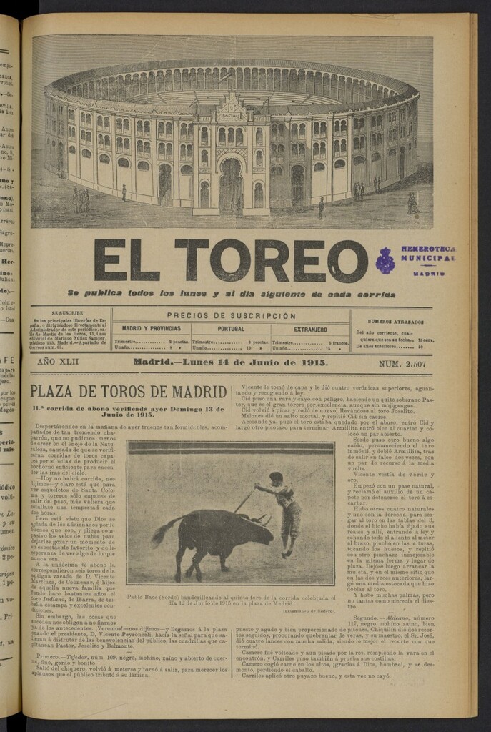 Miniatura de El Toreo: suplemento a "La Correspondencia Teatral" del 14 de junio de 1915, nº 2507