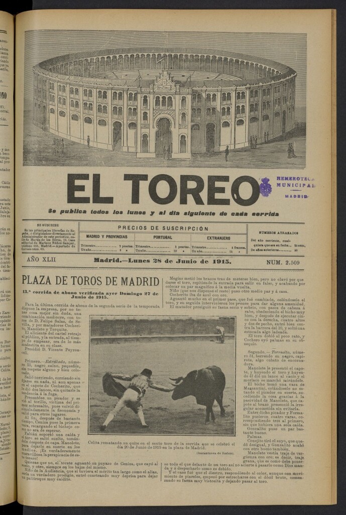 Miniatura de El Toreo: suplemento a "La Correspondencia Teatral" del 28 de junio de 1915, nº 2509