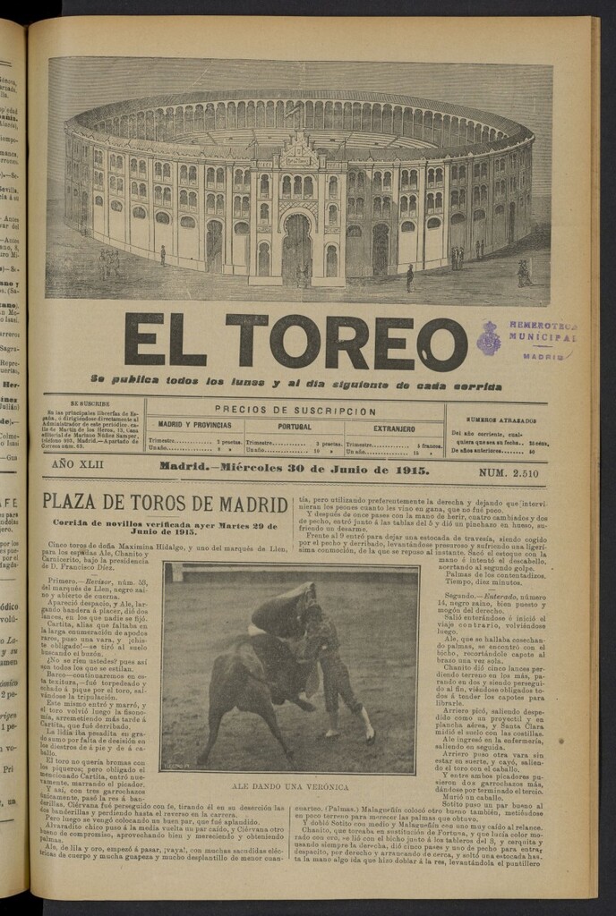 Miniatura de El Toreo: suplemento a "La Correspondencia Teatral" del 30 de junio de 1915, nº 2510