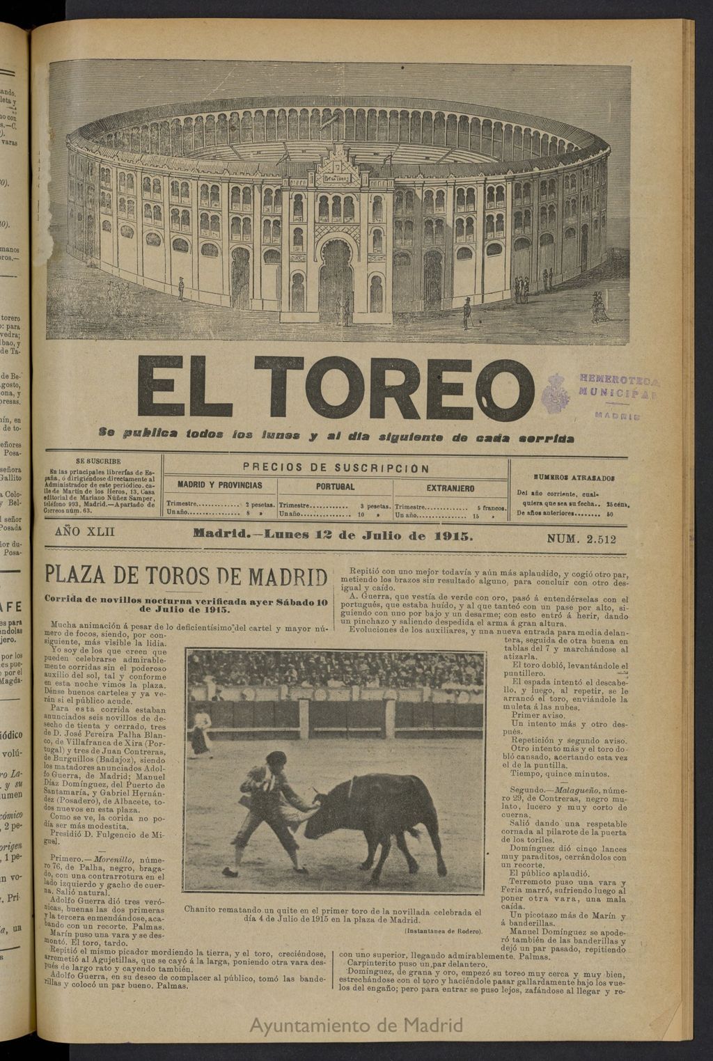Miniatura de El Toreo: suplemento a "La Correspondencia Teatral" del 12 de julio de 1915, nº 2512