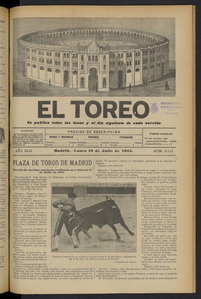 Miniatura de El Toreo: suplemento a "La Correspondencia Teatral" del 19 de julio de 1915, nº 2513