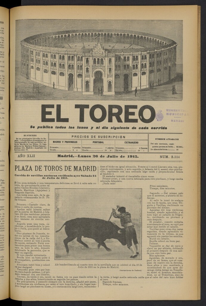 Miniatura de El Toreo: suplemento a "La Correspondencia Teatral" del 26 de julio de 1915, nº 2514