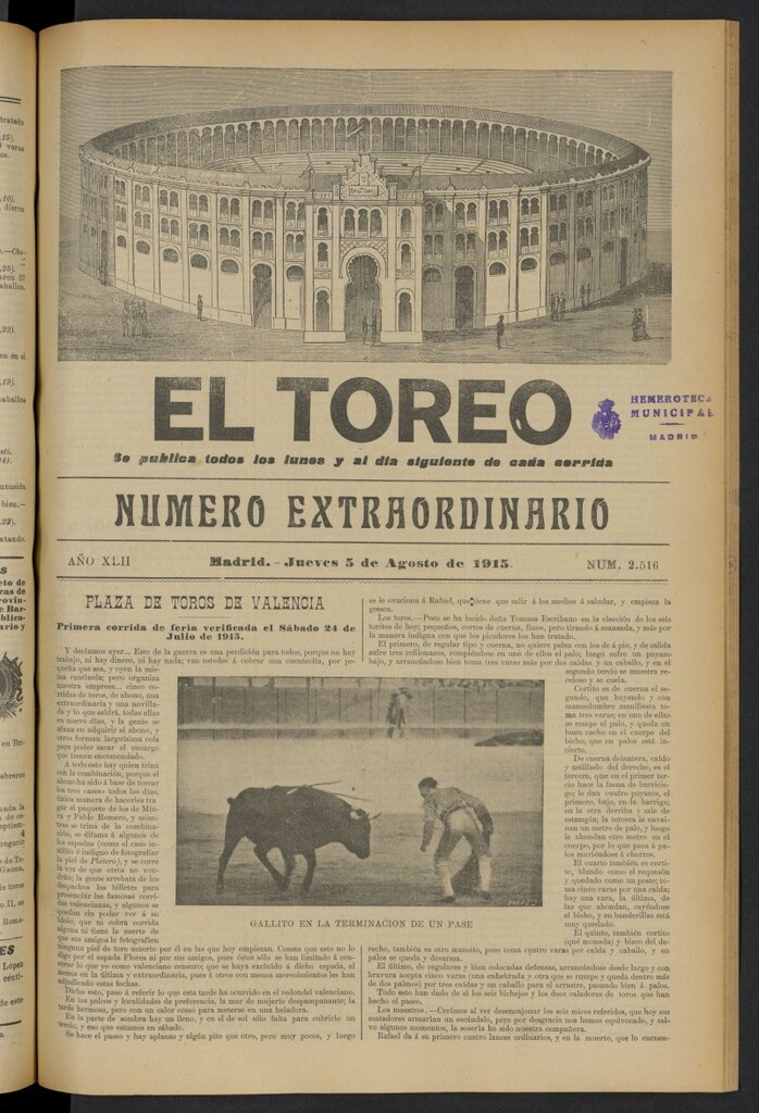 Miniatura de El Toreo: suplemento a "La Correspondencia Teatral" del 5 de agosto de 1915, nº 2516