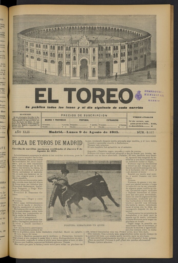 Miniatura de El Toreo: suplemento a "La Correspondencia Teatral" del 9 de agosto de 1915, nº 2517