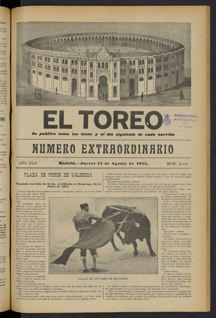 Miniatura de El Toreo: suplemento a "La Correspondencia Teatral" del 12 de agosto de 1915, nº 2518