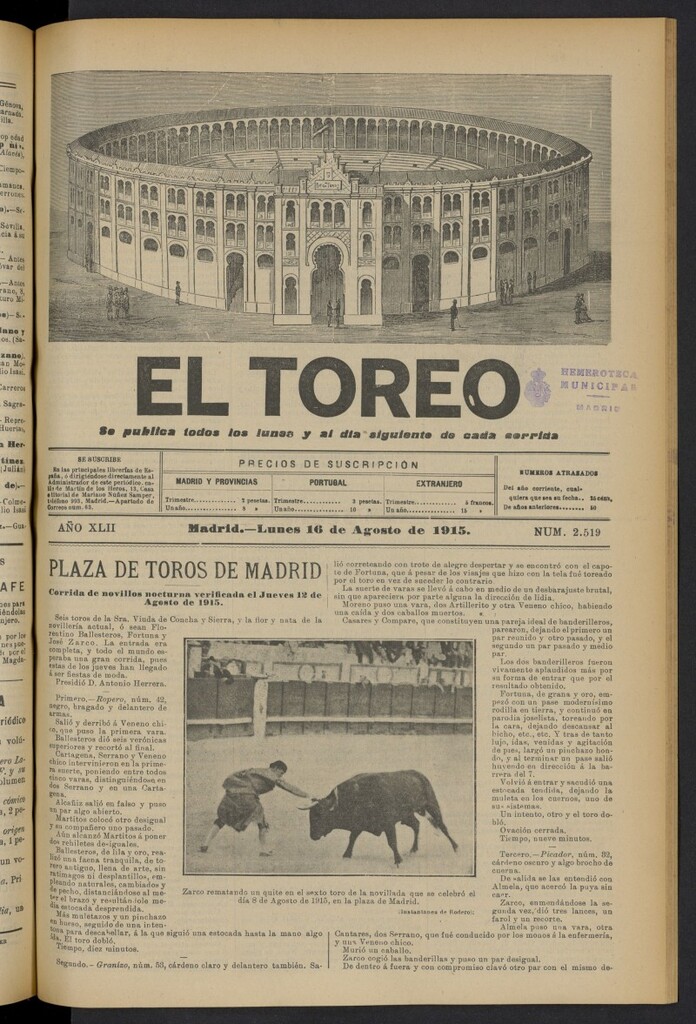 Miniatura de El Toreo: suplemento a "La Correspondencia Teatral" del 16 de agosto de 1915, nº 2519
