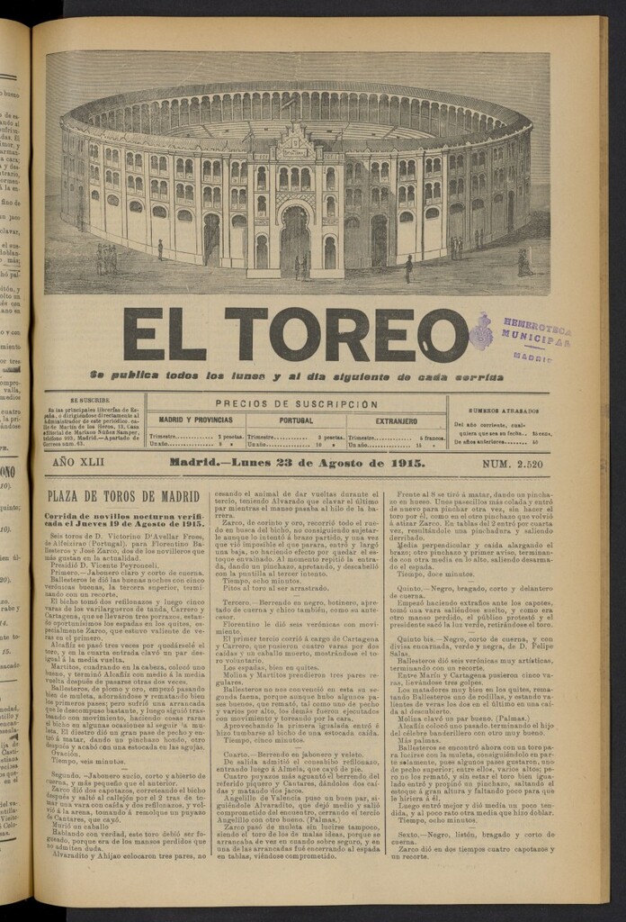 Miniatura de El Toreo: suplemento a "La Correspondencia Teatral" del 23 de agosto de 1915, nº 2520
