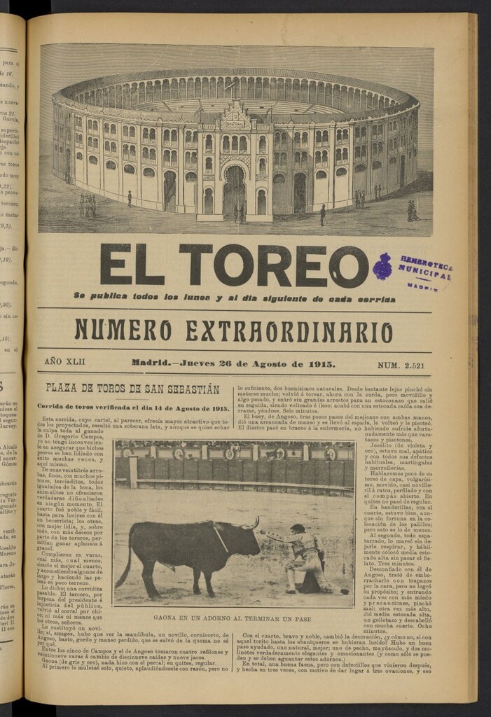 Miniatura de El Toreo: suplemento a "La Correspondencia Teatral" del 26 de agosto de 1915, nº 2521