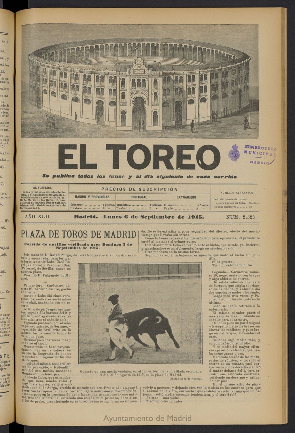 Miniatura de El Toreo: suplemento a "La Correspondencia Teatral" del 6 de septiembre de 1915, nº 2523