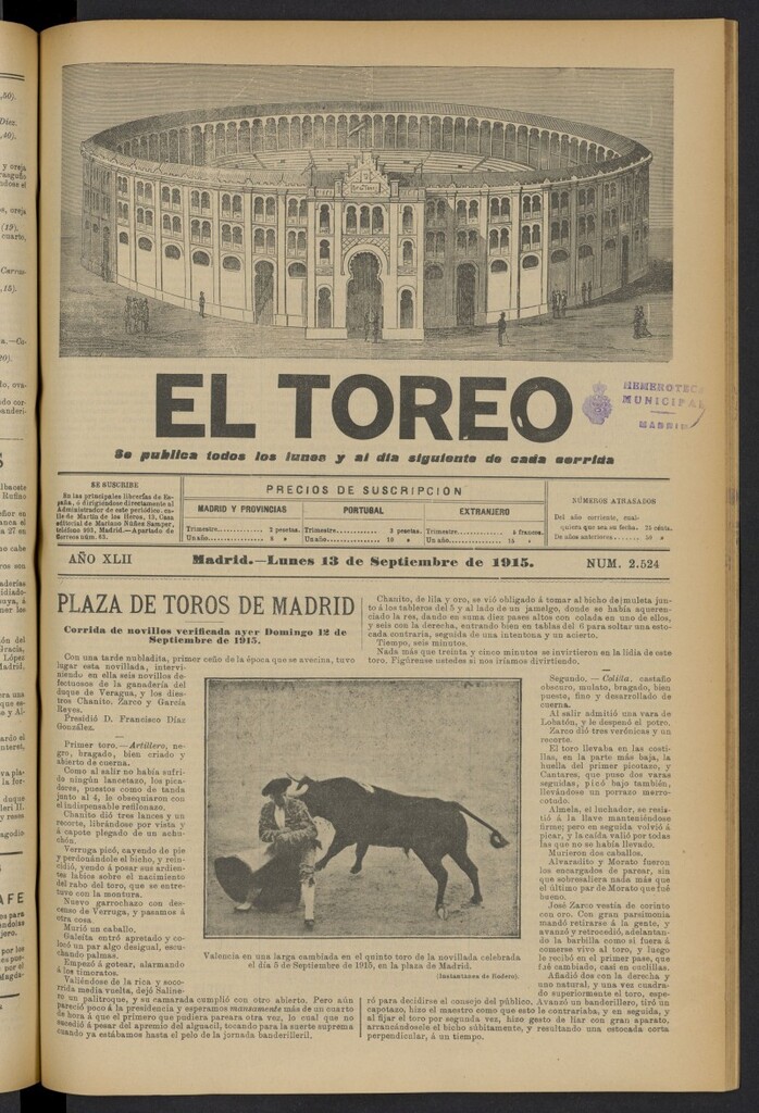 Miniatura de El Toreo: suplemento a "La Correspondencia Teatral" del 13 de septiembre de 1915, nº 2524