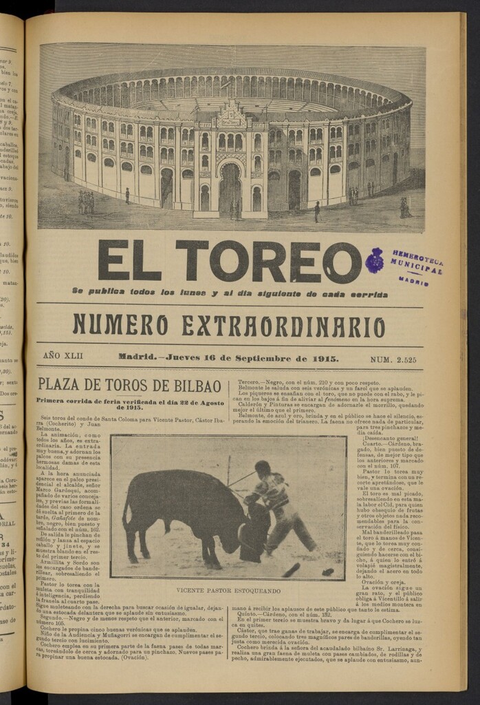 Miniatura de El Toreo: suplemento a "La Correspondencia Teatral" del 16 de septiembre de 1915, nº 2525