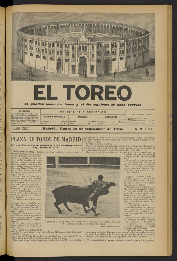 Miniatura de El Toreo: suplemento a "La Correspondencia Teatral" del 20 de septiembre de 1915, nº 2526