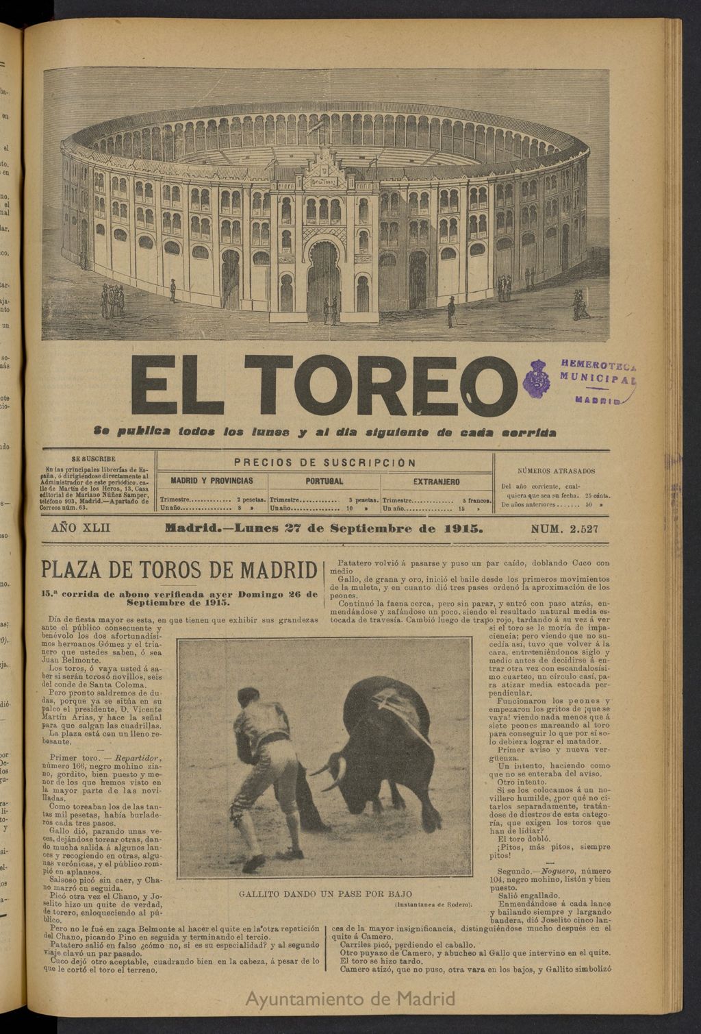 Miniatura de El Toreo: suplemento a "La Correspondencia Teatral" del 27 de septiembre de 1915, nº 2527