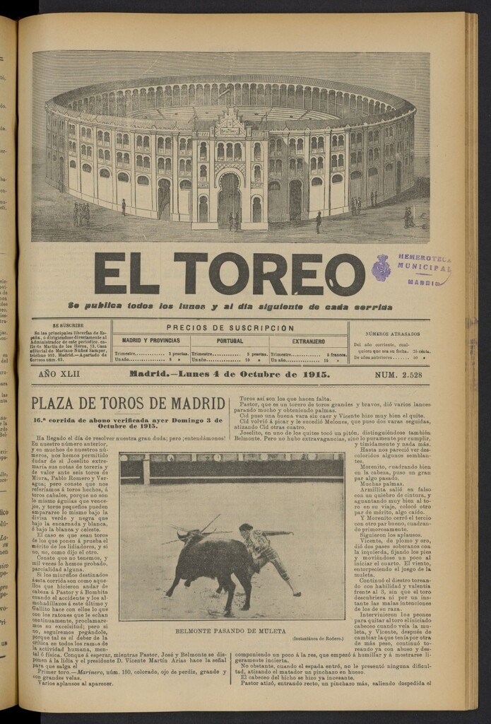Miniatura de El Toreo: suplemento a "La Correspondencia Teatral" del 4 de octubre de 1915, nº 2528