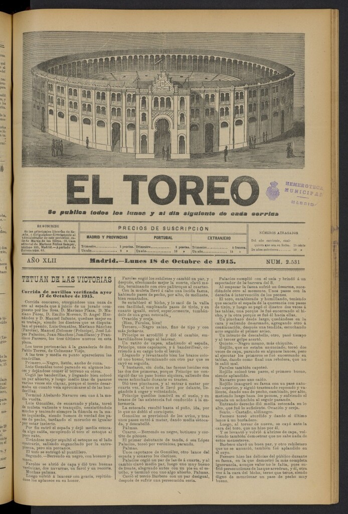 Miniatura de El Toreo: suplemento a "La Correspondencia Teatral" del 18 de octubre de 1915, nº 2531