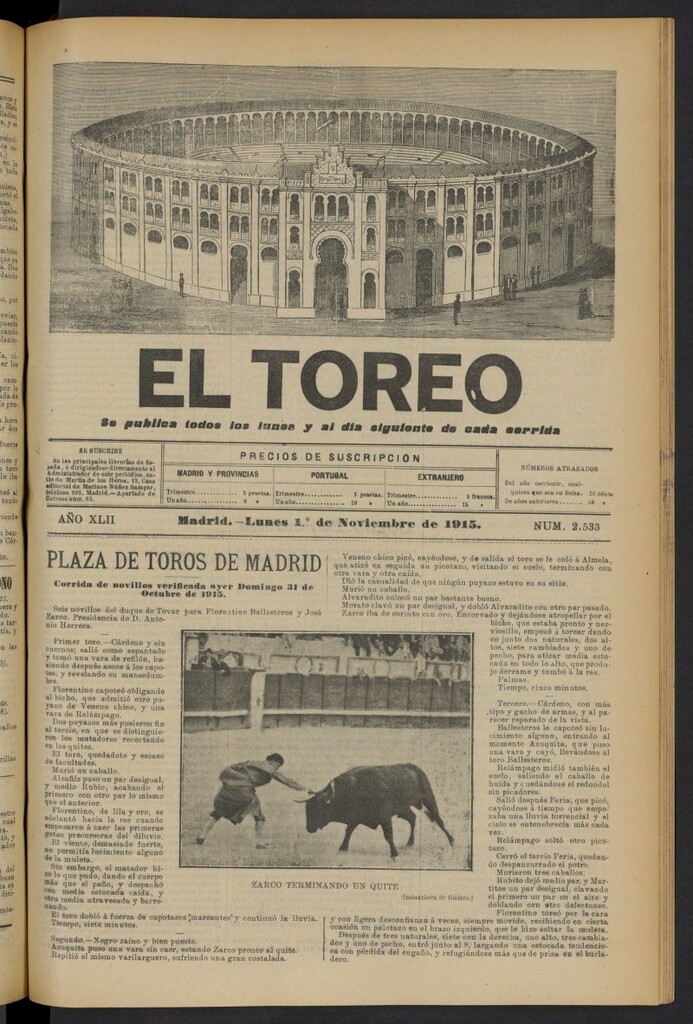 Miniatura de El Toreo: suplemento a "La Correspondencia Teatral" del 1 de noviembre de 1915, nº 2533