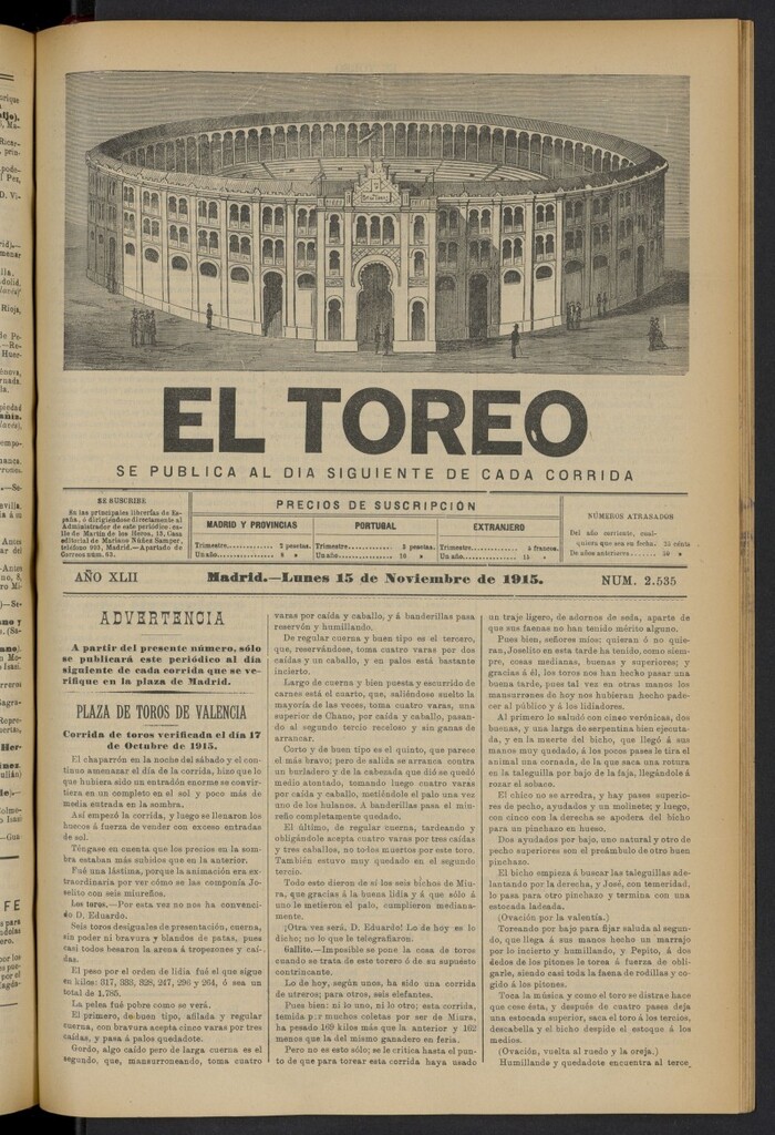 Miniatura de El Toreo: suplemento a "La Correspondencia Teatral" del 15 de noviembre de 1915, nº 2535
