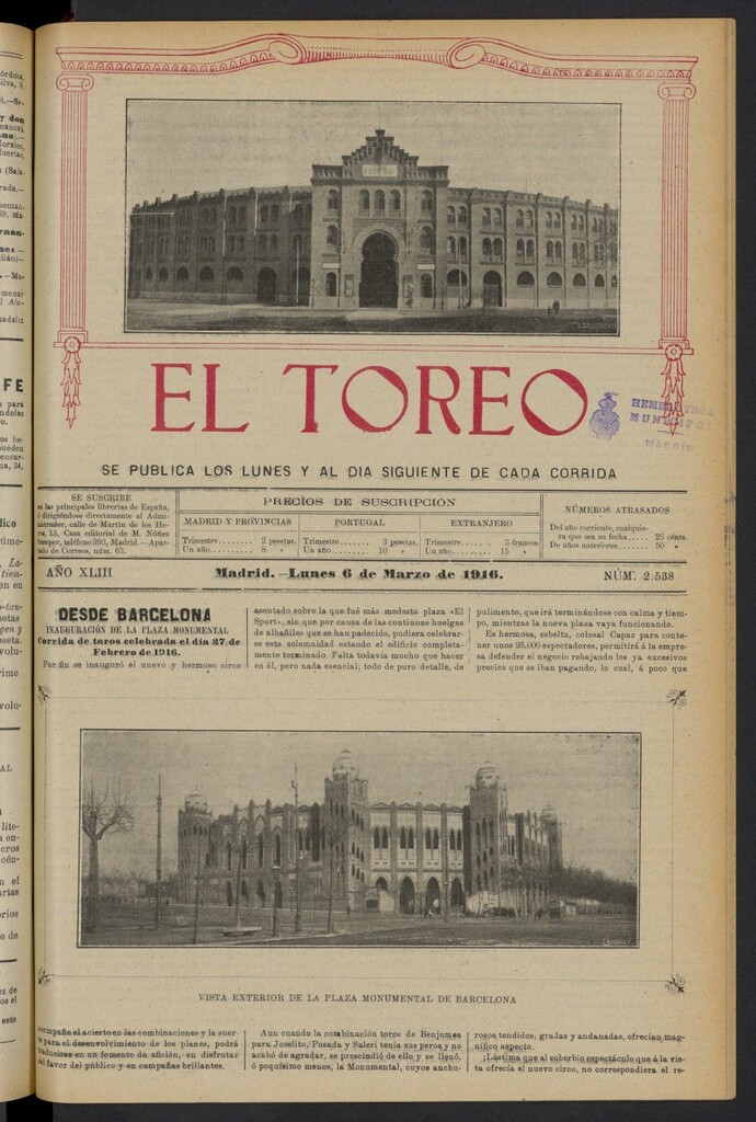 Miniatura de El Toreo: suplemento a "La Correspondencia Teatral" del 6 de marzo de 1916, nº 2538