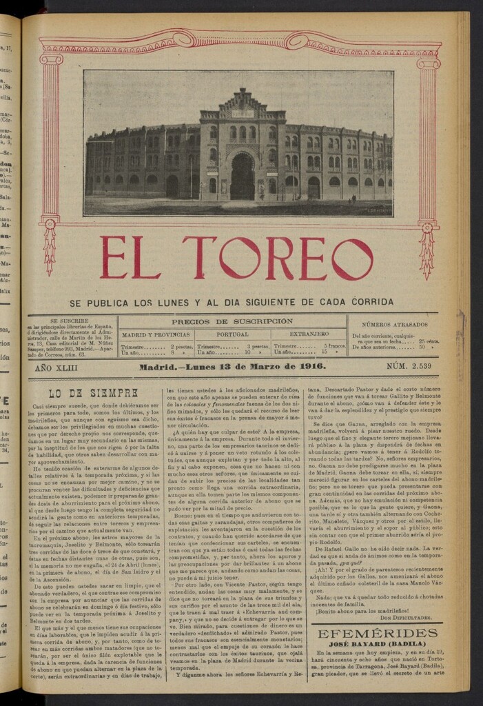Miniatura de El Toreo: suplemento a "La Correspondencia Teatral" del 13 de marzo de 1916, nº 2539