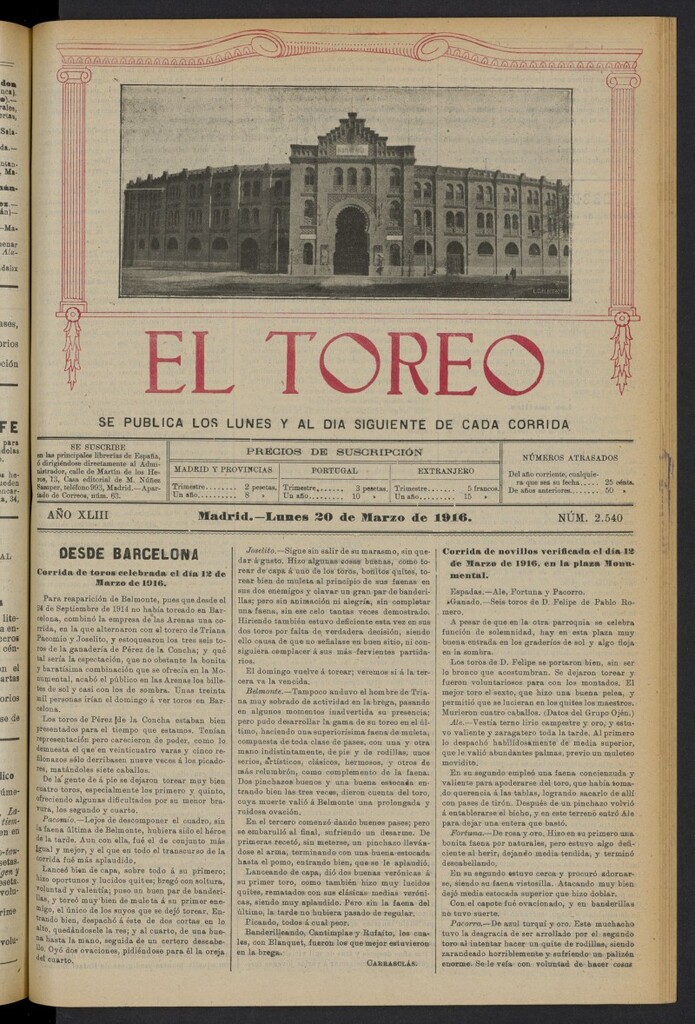 Miniatura de El Toreo: suplemento a "La Correspondencia Teatral" del 20 de marzo de 1916, nº 2540