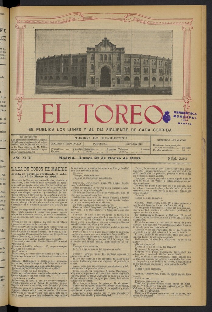 Miniatura de El Toreo: suplemento a "La Correspondencia Teatral" del 27 de marzo de 1916, nº 2541