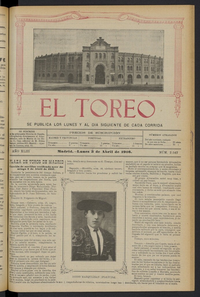 Miniatura de El Toreo: suplemento a "La Correspondencia Teatral" del 3 de abril de 1916, nº 2542