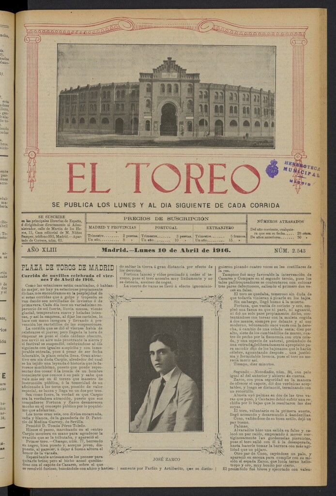 Miniatura de El Toreo: suplemento a "La Correspondencia Teatral" del 10 de abril de 1916, nº 2543