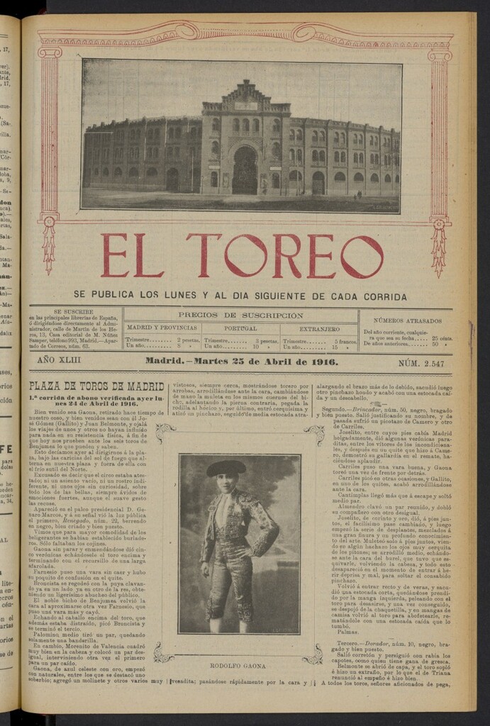 Miniatura de El Toreo: suplemento a "La Correspondencia Teatral" del 25 de abril de 1916, nº 2547