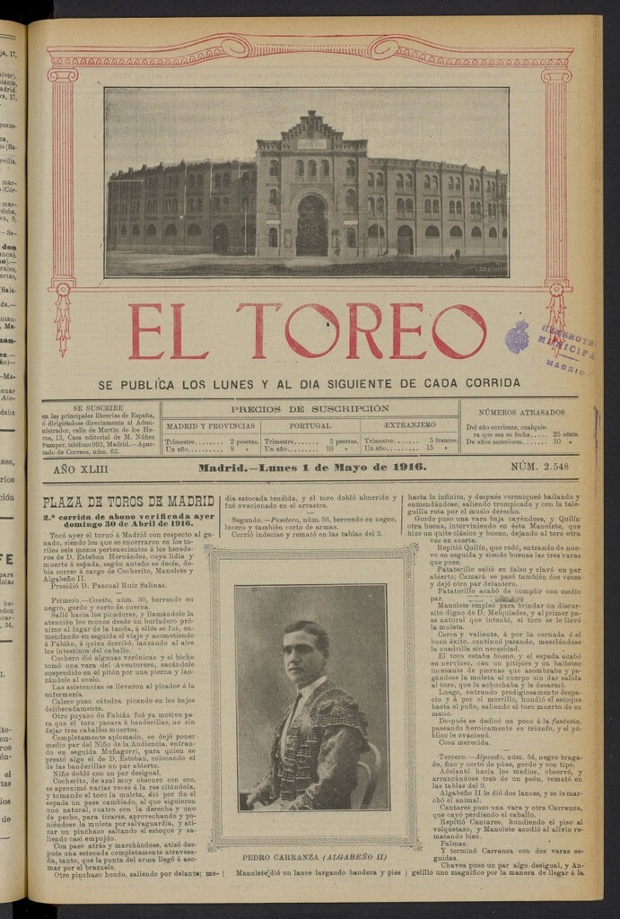 Miniatura de El Toreo: suplemento a "La Correspondencia Teatral" del 1 de mayo de 1916, nº 2548