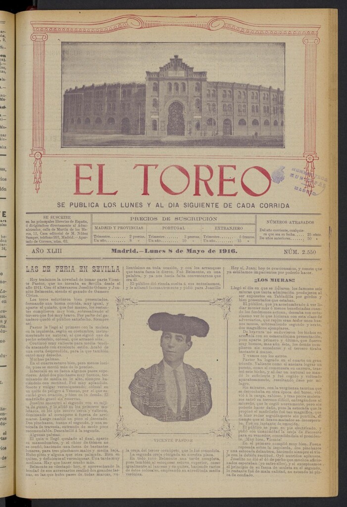 Miniatura de El Toreo: suplemento a "La Correspondencia Teatral" del 8 de mayo de 1916, nº 2550