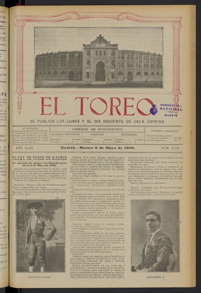 Miniatura de El Toreo: suplemento a "La Correspondencia Teatral" del 9 de mayo de 1916, nº 2551