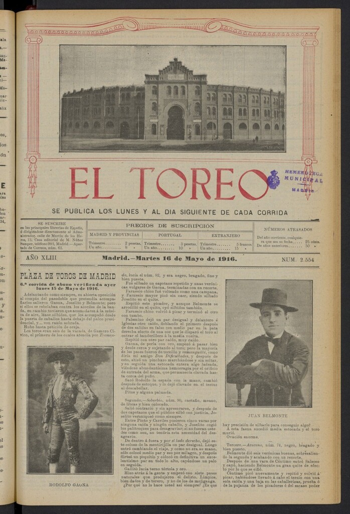 Miniatura de El Toreo: suplemento a "La Correspondencia Teatral" del 16 de mayo de 1916, nº 2554
