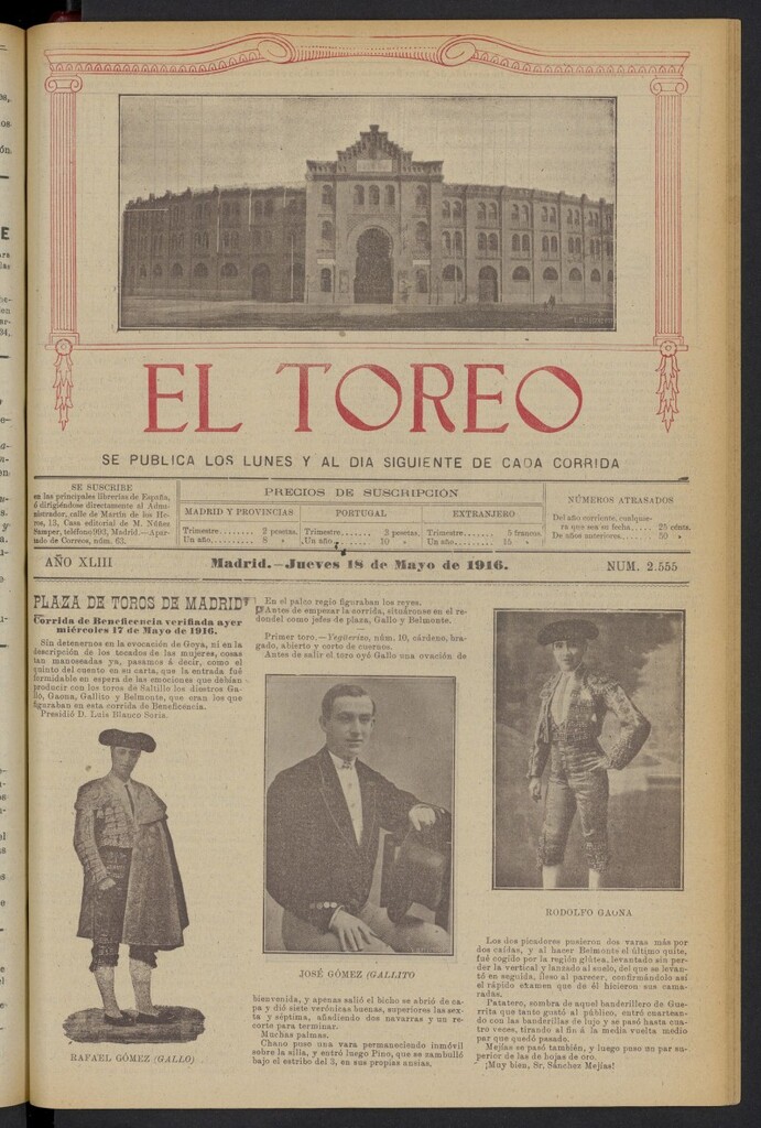 Miniatura de El Toreo: suplemento a "La Correspondencia Teatral" del 18 de mayo de 1916, nº 2555