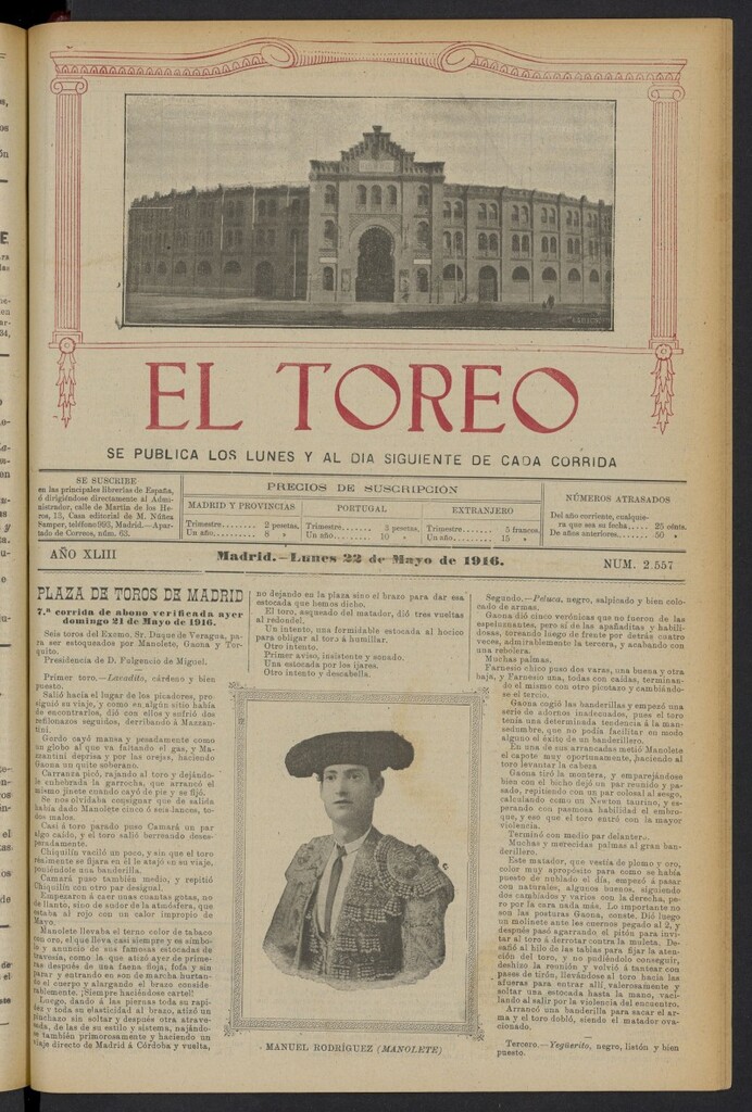 Miniatura de El Toreo: suplemento a "La Correspondencia Teatral" del 22 de mayo de 1916, nº 2557