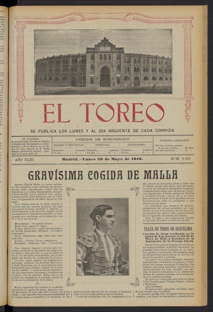Miniatura de El Toreo: suplemento a "La Correspondencia Teatral" del 29 de mayo de 1916, nº 2558