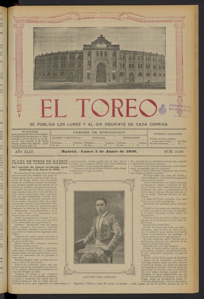 Miniatura de El Toreo: suplemento a "La Correspondencia Teatral" del 5 de junio de 1916, nº 2560