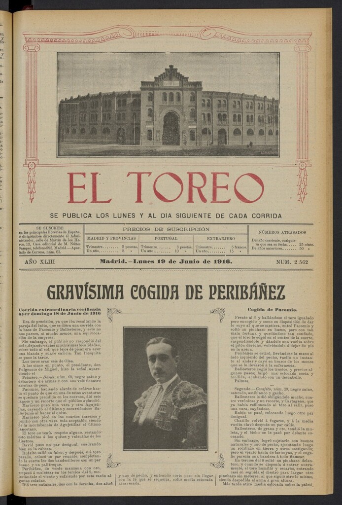 Miniatura de El Toreo: suplemento a "La Correspondencia Teatral" del 19 de junio de 1916, nº 2562