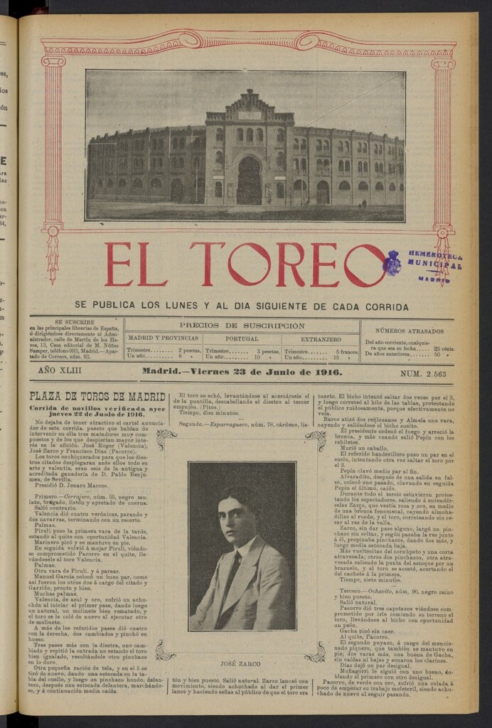 Miniatura de El Toreo: suplemento a "La Correspondencia Teatral" del 23 de junio de 1916, nº 2563
