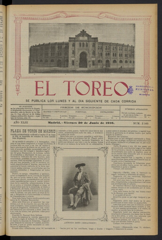 Miniatura de El Toreo: suplemento a "La Correspondencia Teatral" del 30 de junio de 1916, nº 2565