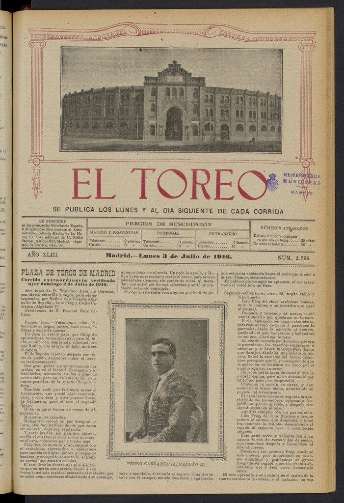 Miniatura de El Toreo: suplemento a "La Correspondencia Teatral" del 3 de julio de 1916, nº 2566