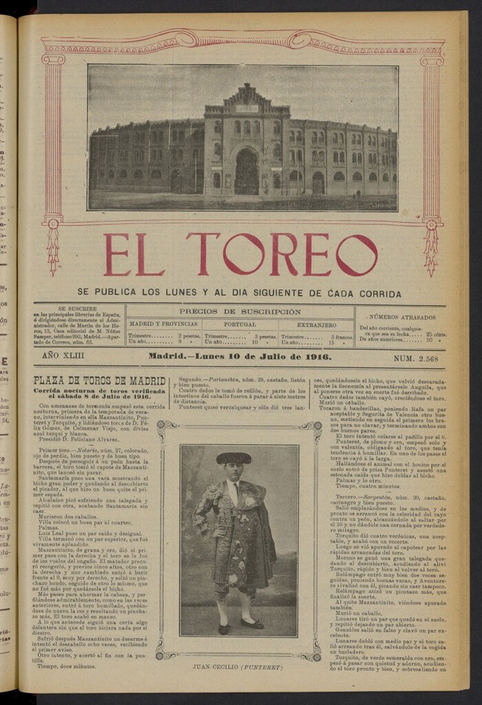 Miniatura de El Toreo: suplemento a "La Correspondencia Teatral" del 10 de julio de 1916, nº 2568