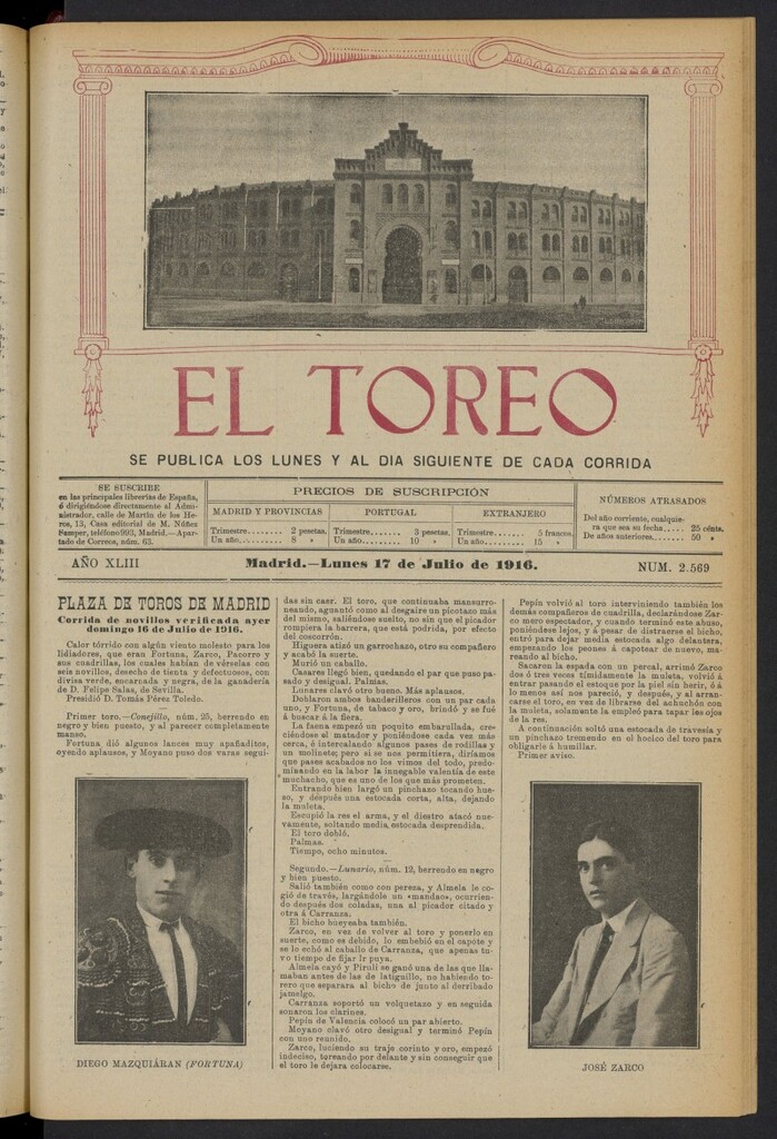 Miniatura de El Toreo: suplemento a "La Correspondencia Teatral" del 17 de julio de 1916, nº 2569