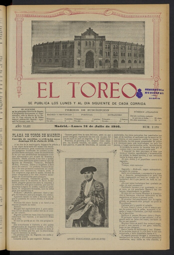 Miniatura de El Toreo: suplemento a "La Correspondencia Teatral" del 24 de julio de 1916, nº 2570