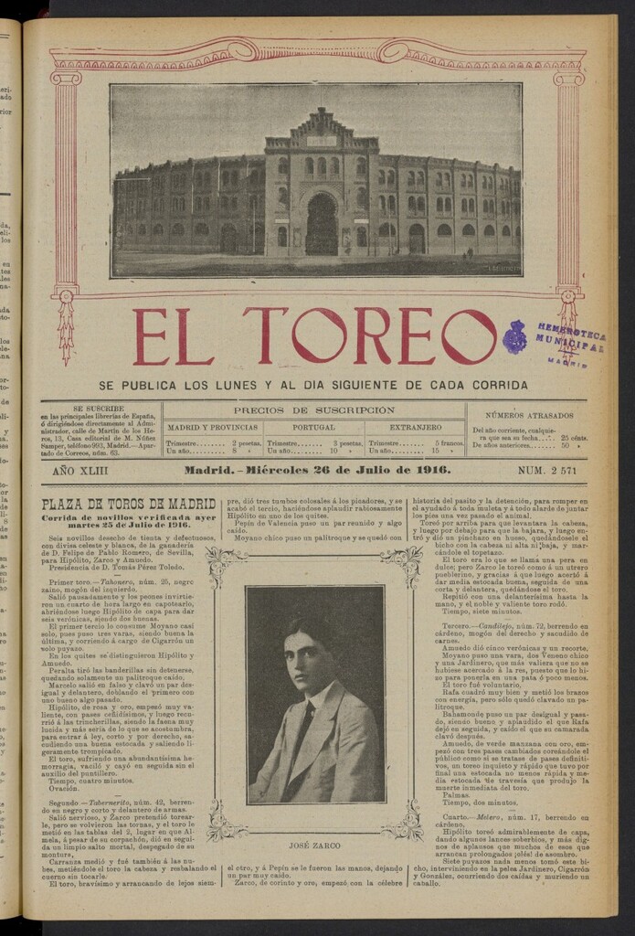 Miniatura de El Toreo: suplemento a "La Correspondencia Teatral" del 26 de julio de 1916, nº 2571